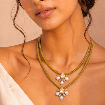 Splendid Olive Green Onyx and Freshwater Pearl Drop Necklace