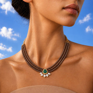Divine Unblemished Brown Onyx and Emerald Green Kundan Necklace