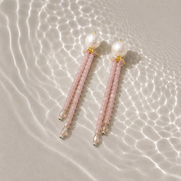 Long Crystal Shimmer Earrings in Lavender and White Pearl