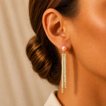 Long Crystal Shimmer Earrings in Olive Green and Pink Pearl