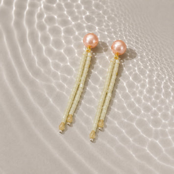 Long Crystal Shimmer Earrings in Olive Green and Pink Pearl