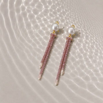 Long Crystal Shimmer Earrings in Purple Pink and Silver Grey Pearl