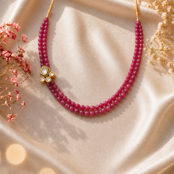 Ruby Red Gemstone and Asymmetrical Kundan and Meenakari Pendant Necklace