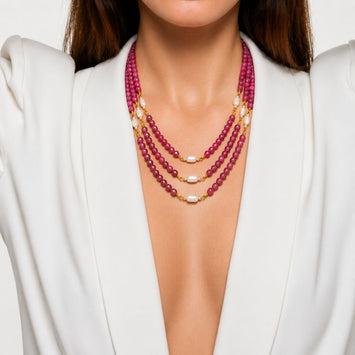 Three Layered Ruby Pink Gemstone and Freshwater Pearl Necklace