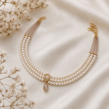 Swarovski Pearl Choker Necklace with Gold Plated Zircon Pendant and Peach Moonstone Drop