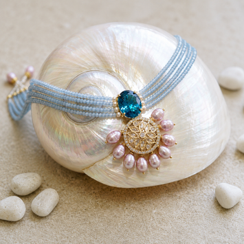 Symphony in Blue Multi Strand Beaded Necklace with Pearl Pendant