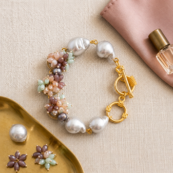 Handcrafted Shell Pearl and Crystal Cluster Bracelet