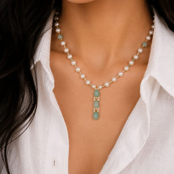 Japanese Pearl Necklace with Green Aventurine Drops