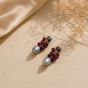 Handcrafted Grape Cluster Ruby and Pearl Drop Earrings