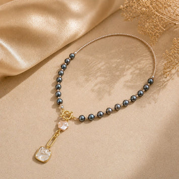 Contemporary Grey Pearl and Mother of Pearl Drop Necklace
