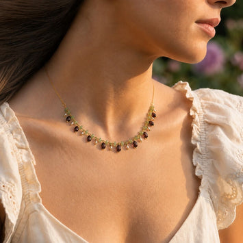 Classic Garnet Drop Necklace with Emerald Green Chain