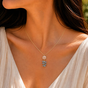 Gold Finish Chain with Peach Crystal Pendant and Silver Grey Crystal Drops Necklace