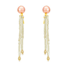 Long Crystal Shimmer Earrings in Olive Green and Pink Pearl