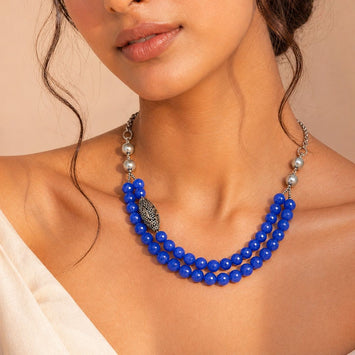Lustrous Shell Pearl and Blue Agate Necklace