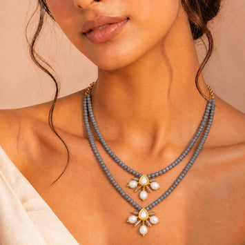 Splendid Shaded Grey Onyx and Freshwater Pearl Drop Necklace