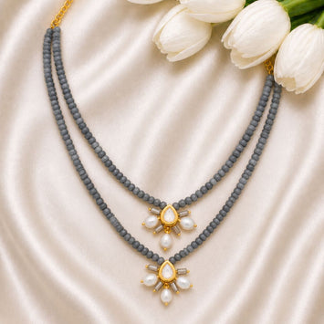 Splendid Shaded Grey Onyx and Freshwater Pearl Drop Necklace