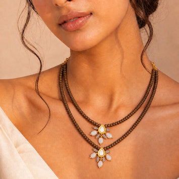 Splendid Brown Onyx and Pink Freshwater Pearl Drop Necklace