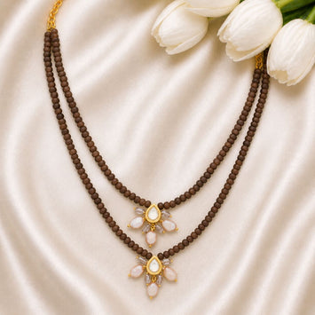 Splendid Brown Onyx and Pink Freshwater Pearl Drop Necklace