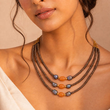 Piles of Brown Onyx and Blue Freshwater Pearls Necklace