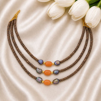 Piles of Brown Onyx and Blue Freshwater Pearls Necklace