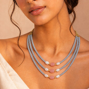 Piles of Grey Onyx and Pink Freshwater Pearls Necklace