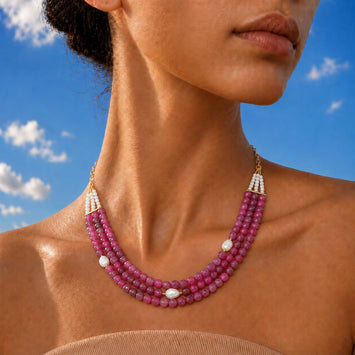 Layered Ruby Red Agate and Freshwater Pearl Necklace