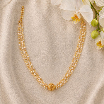 Delicate Pearl Handcrafted Chain with Gold Phulkari Necklace