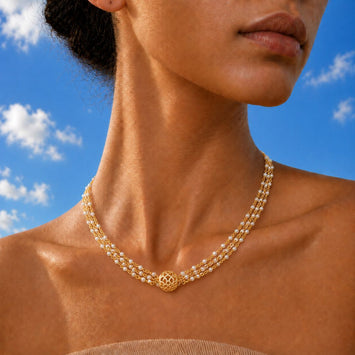 Delicate Pearl Handcrafted Chain with Gold Phulkari Necklace