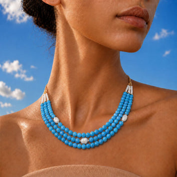Layered Shaded Blue Agate and Freshwater Pearl Necklace