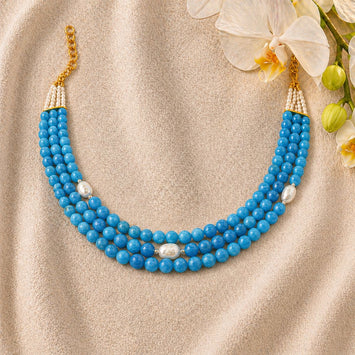 Layered Shaded Blue Agate and Freshwater Pearl Necklace
