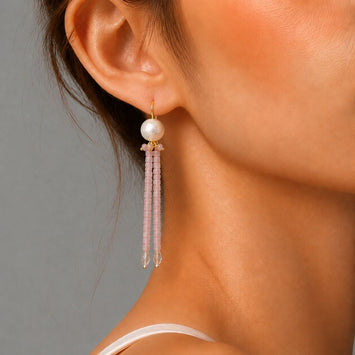 Long Crystal Shimmer Earrings in Lavender and White Pearl