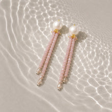 Long Crystal Shimmer Earrings in Lavender and White Pearl