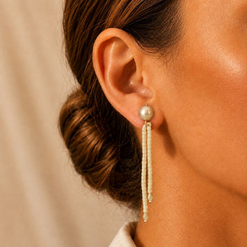 Long Crystal Shimmer Earrings in Mint Green and Silver Grey Pearl