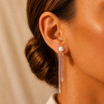 Long Crystal Shimmer Earrings in Purple Pink and Silver Grey Pearl