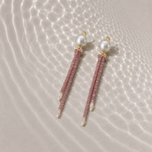 Long Crystal Shimmer Earrings in Purple Pink and Silver Grey Pearl