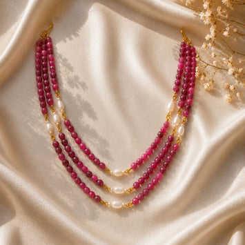 Three Layered Ruby Pink Gemstone and Freshwater Pearl Necklace