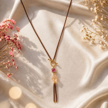 Brown Agate Long Length & Loop Pendant with Pearl Necklace
