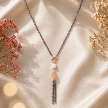 Grey Agate Long Length and Loop Pendant with Pearl Necklace
