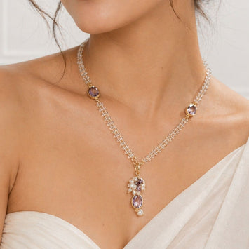 Rose quartz chain with handcrafted drop mesh pendant in gemstones and freshwater pearls