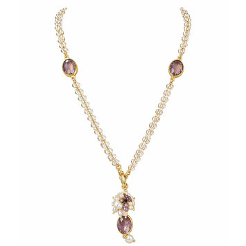 Rose quartz chain with handcrafted drop mesh pendant in gemstones and freshwater pearls