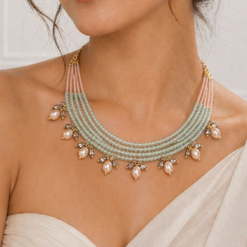 Aquamarine Gemstone Layered Choker Necklace with Freshwater Pearl Drops