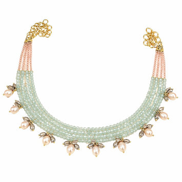Aquamarine Gemstone Layered Choker Necklace with Freshwater Pearl Drops