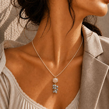 Gold Finish Chain With Peach Crystal Pendant And Silver Grey Crystal Drops. The Delicate Yet Power Packed Design Is a Subtle Statement To Your Summer Look