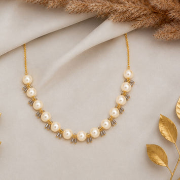 Textured Soft Gold Japanese Pearls with Zircon Crystal Drops Necklace