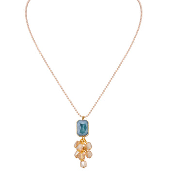 Rose Quartz Chain with Blue Crystal Pendant and Soft Gold Crystal Drops