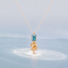 Rose Quartz Chain with Blue Crystal Pendant and Soft Gold Crystal Drops