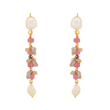 Ruby Chain Long Earrings with Freshwater Pearls and Multi Colour Crystal Drops