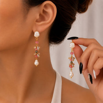 Ruby Chain Long Earings With Freshwater Pearls And Multi Colour Crystal Drops. Classy Elegant Cocktail Look