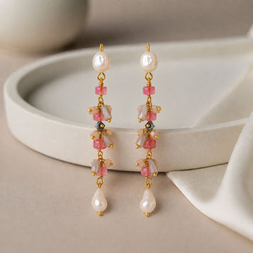 Ruby Chain Long Earings With Freshwater Pearls And Multi Colour Crystal Drops. Classy Elegant Cocktail Look