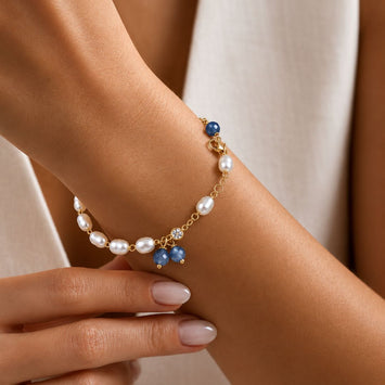 Freshwater Pearls Bracelet With Zercon Chain And Blue Quartz Drops. Everlasting Beauty For Your Wrist